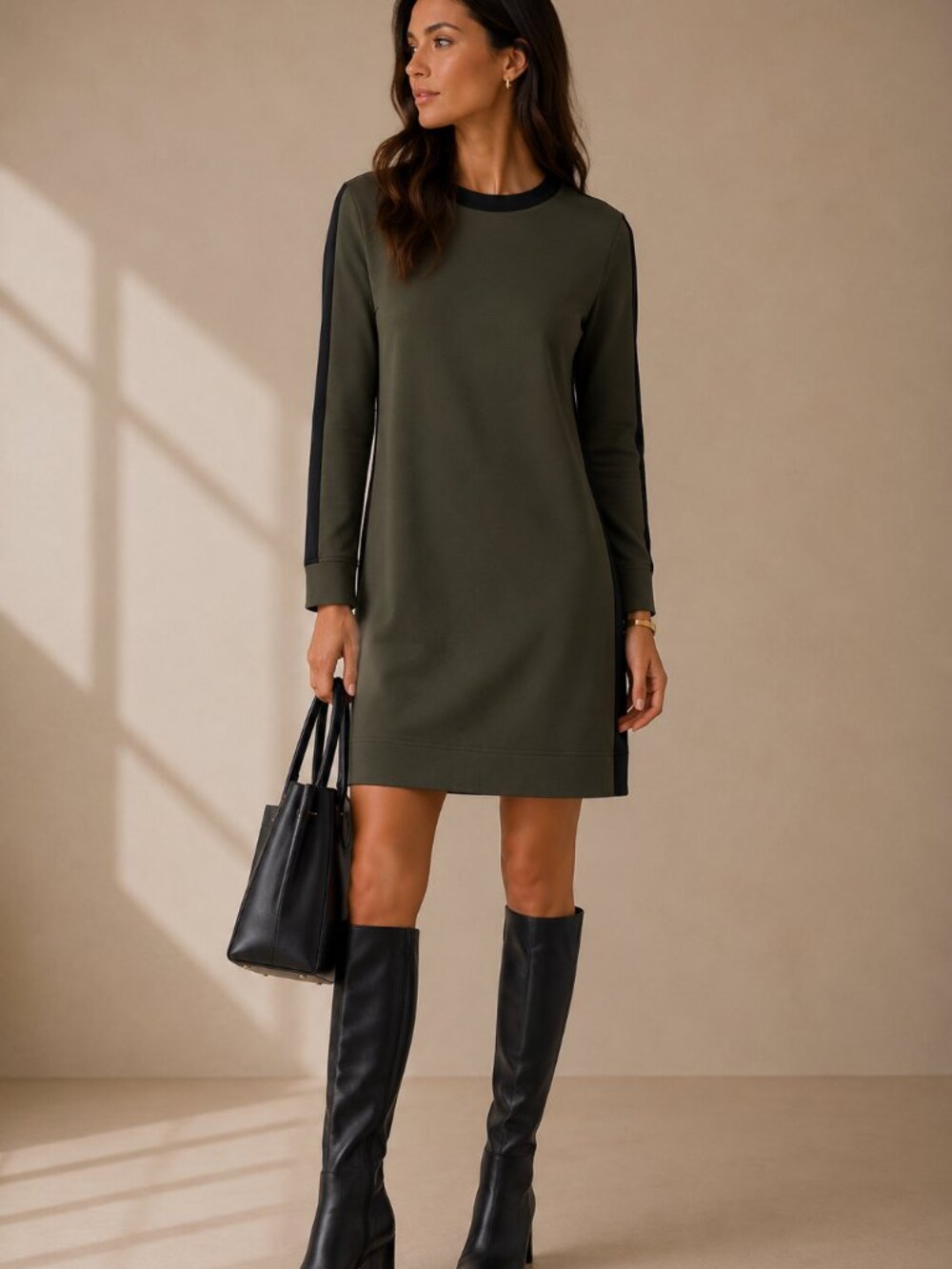 Akris Punto Colorblock Pullover Dress Size 6 Olive Black Exposed Zip